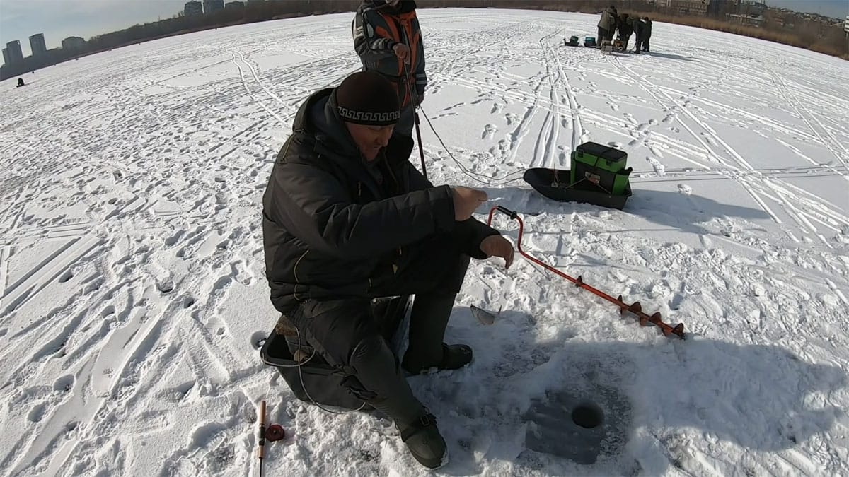 Процес зимового лову коропа на Дніпрі