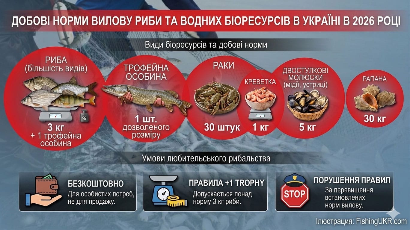 Добова норма вилову риби в Україні у 2026 році
