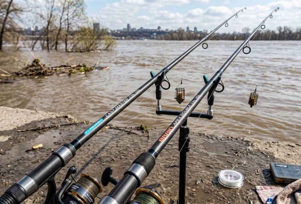 Сравнение фидерных удилищ Flagman Cast Master и Brain Apex на берегу Днепра при паводке 2026