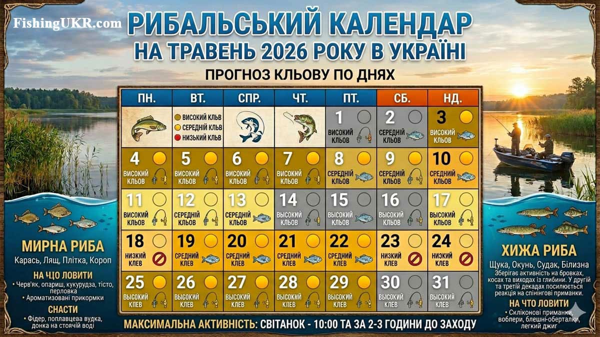 Календар рибалки на травень 2026 року в Україні: прогноз клювання за днями