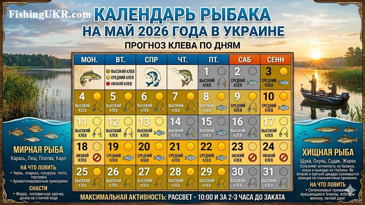 Календарь рыбака на май 2026 года в Украине: прогноз клева по дням