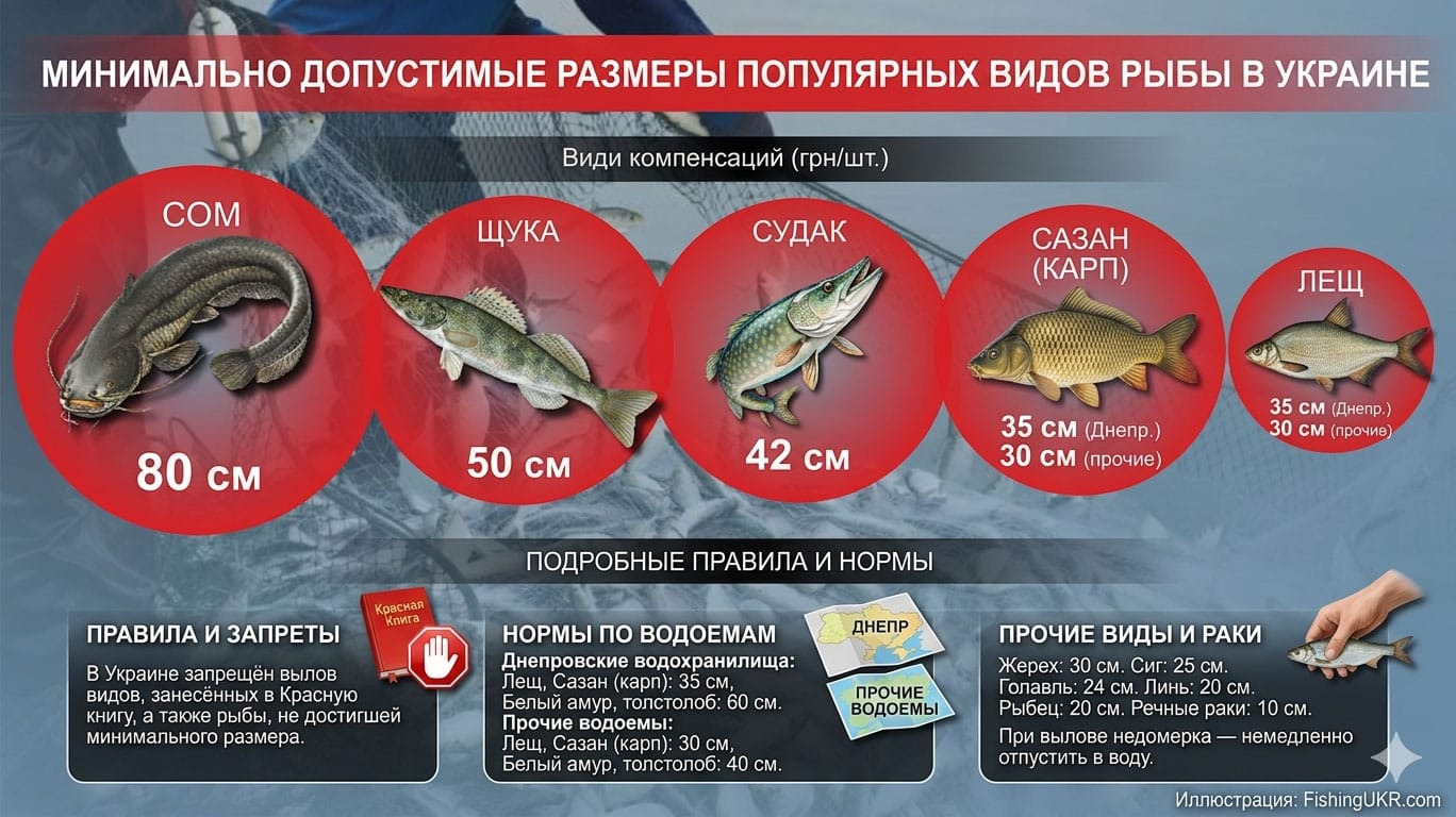 Минимально допустимые размеры популярных видов рыбы в Украине