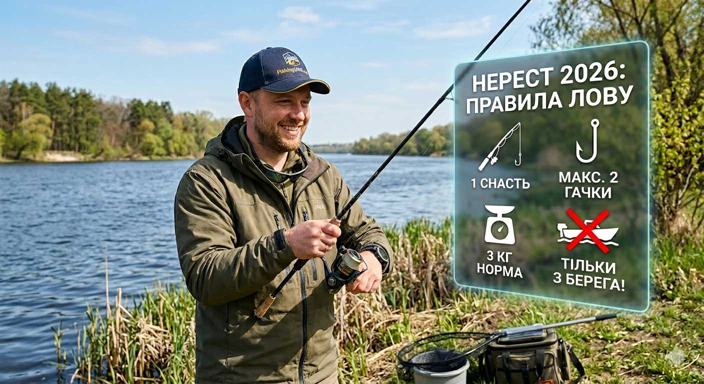 Інфографіка правил риболовлі у нерест 2026: дозволені снасті, кількість гачків та норми вилову