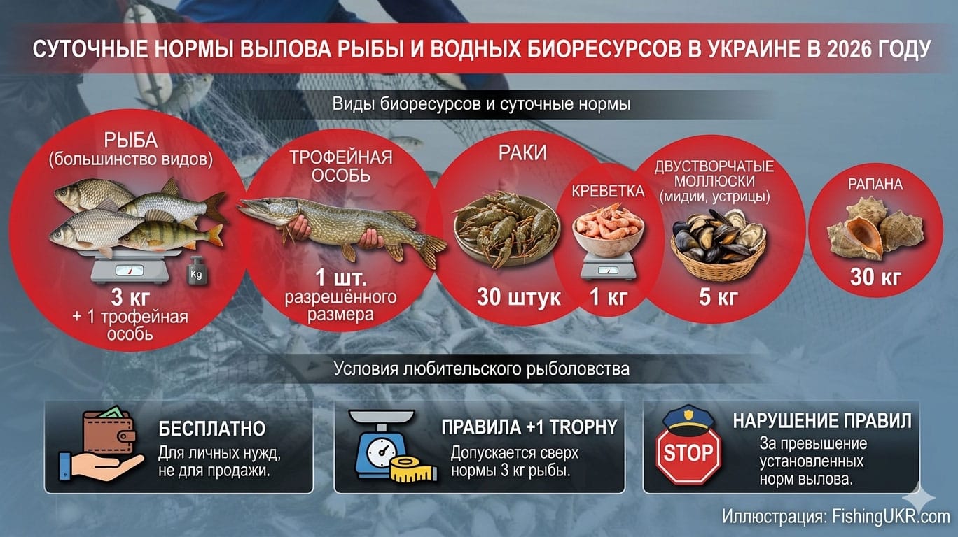 Суточные нормы вылова рыбы и других водных биоресурсов в Украине в 2026 году