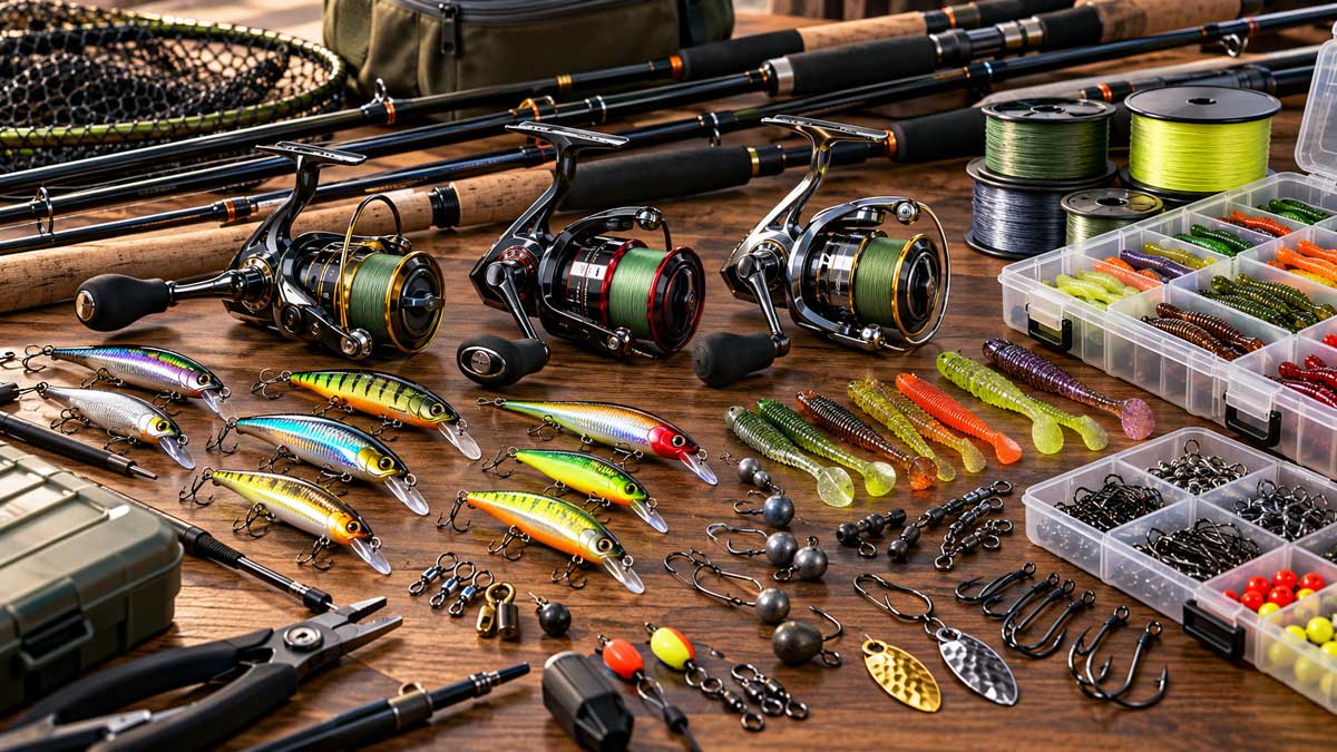 Асортимент рибальських снастей: спінінги, котушки, воблери, силіконові приманки та аксесуари на дерев’яному столі.